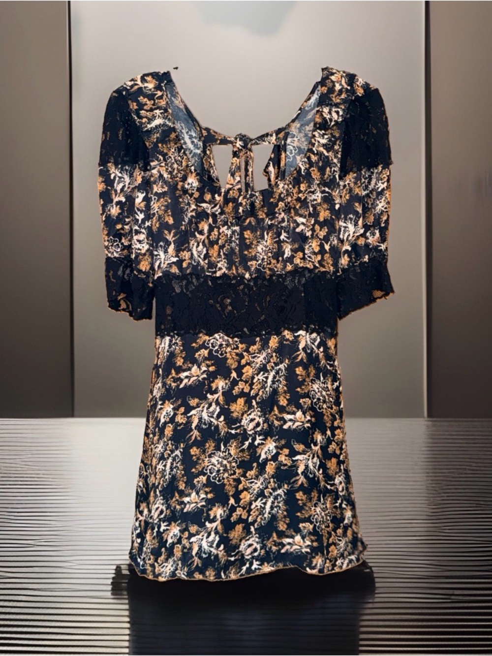 Free People Lucie Black Floral Lace-Trim Tie-Back Dress-6-EC
